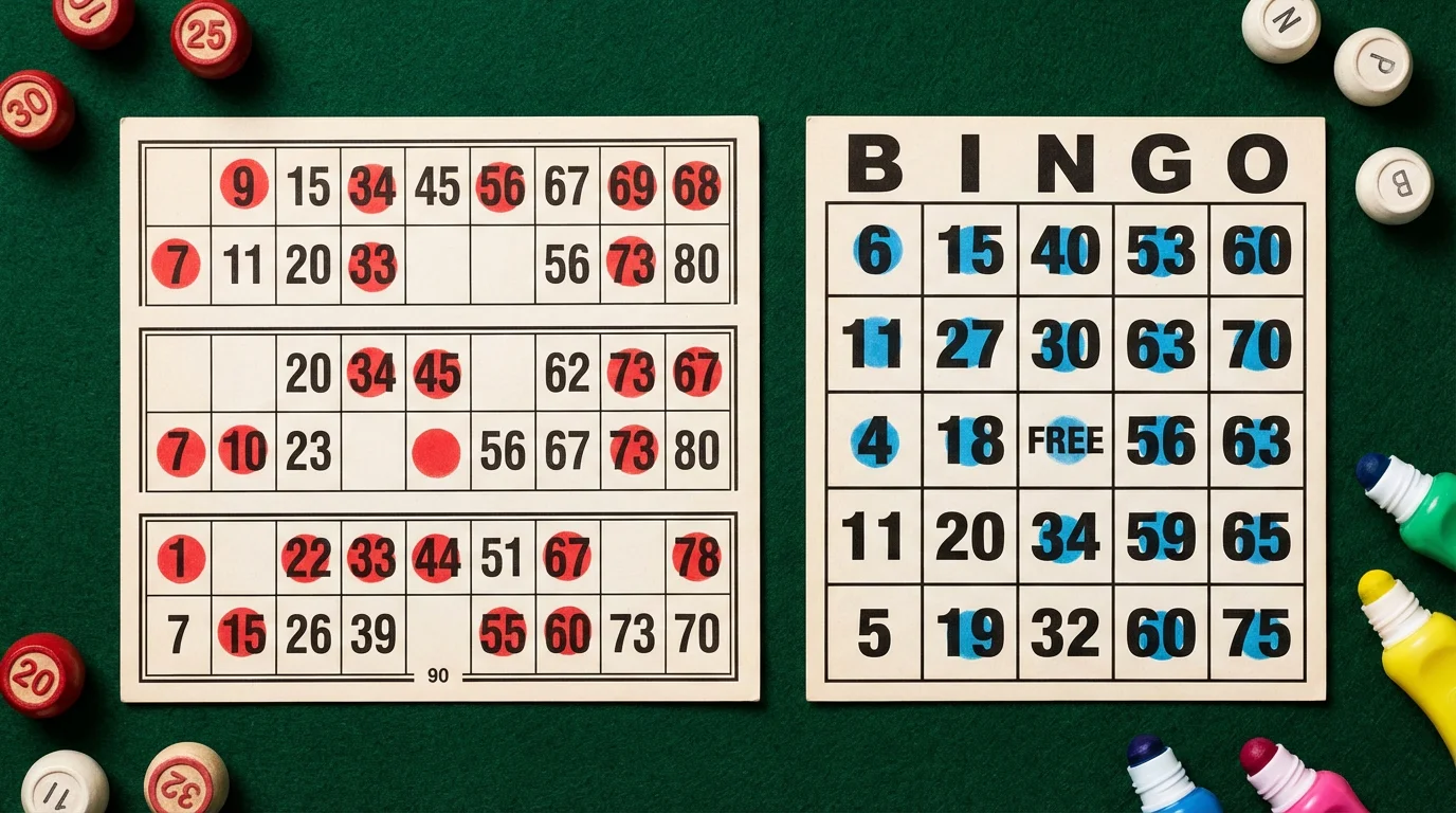 Different bingo card formats showing 90-ball and 75-ball layouts side by side