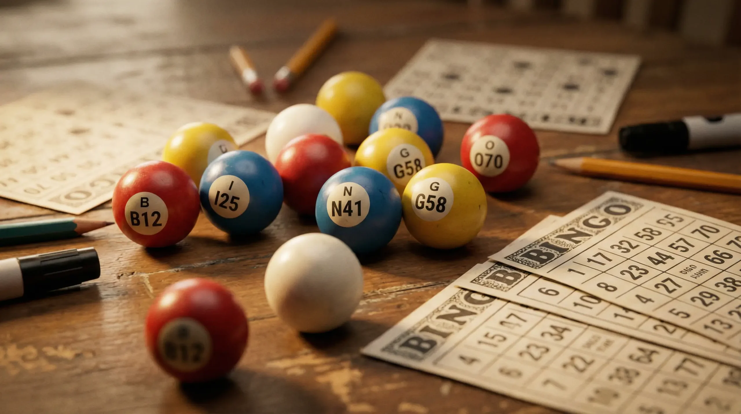 Bingo balls and tickets on a table with warm lighting representing UK online bingo