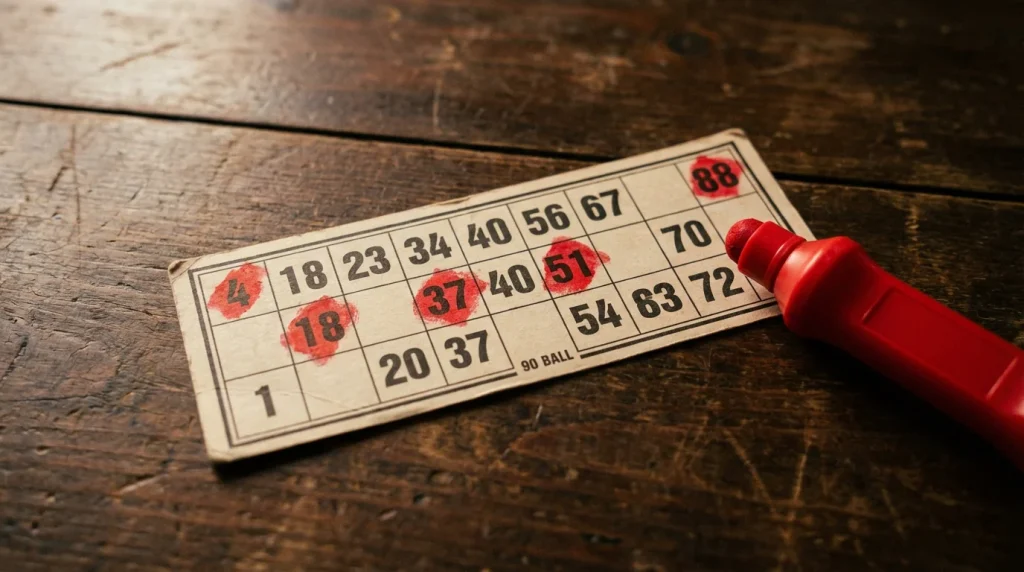 90-ball bingo ticket grid with daubed numbers on an offshore bingo platform