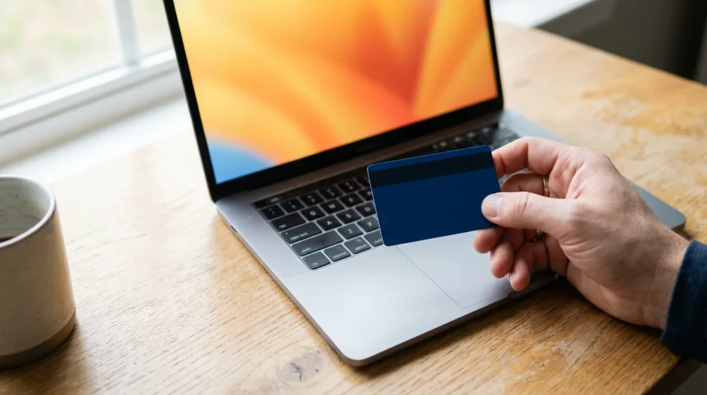 Close-up of a hand tapping a credit card on a laptop showing a bingo cashier page
