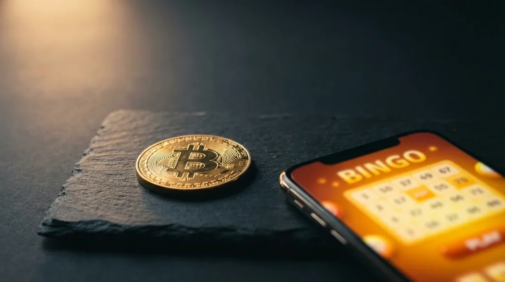 Bitcoin coin resting on a table beside a phone displaying a bingo room