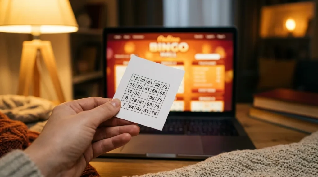 Hand holding a free bingo ticket with a freeroll room glowing on screen behind