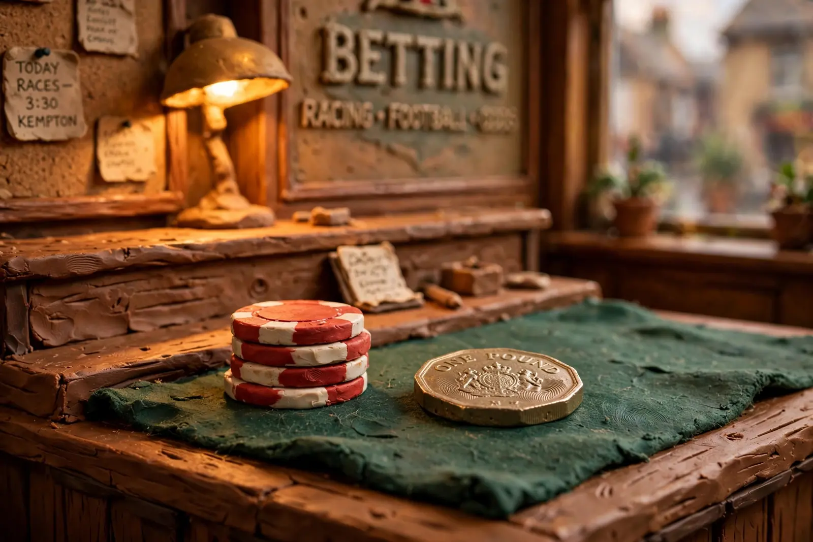 £1 coin on green felt with casino chips, UK betting shop reception