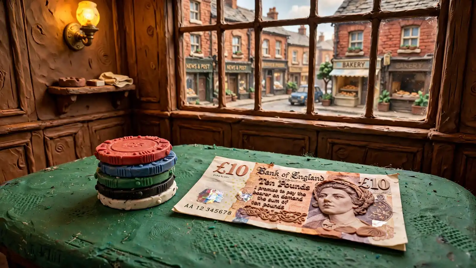 UK casino table with chips and a £10 note on green baize