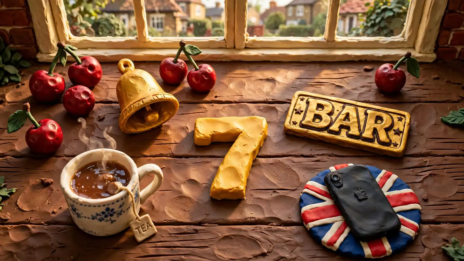 Slot machine symbols, British tea, and a face-down smartphone on a Union Jack coaster.