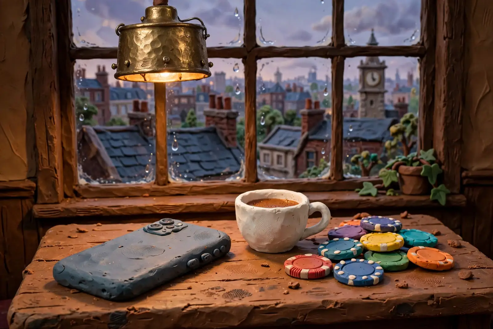 Face-down phone, teacup, and casino chips on a wooden pub table with a London skyline through a window.