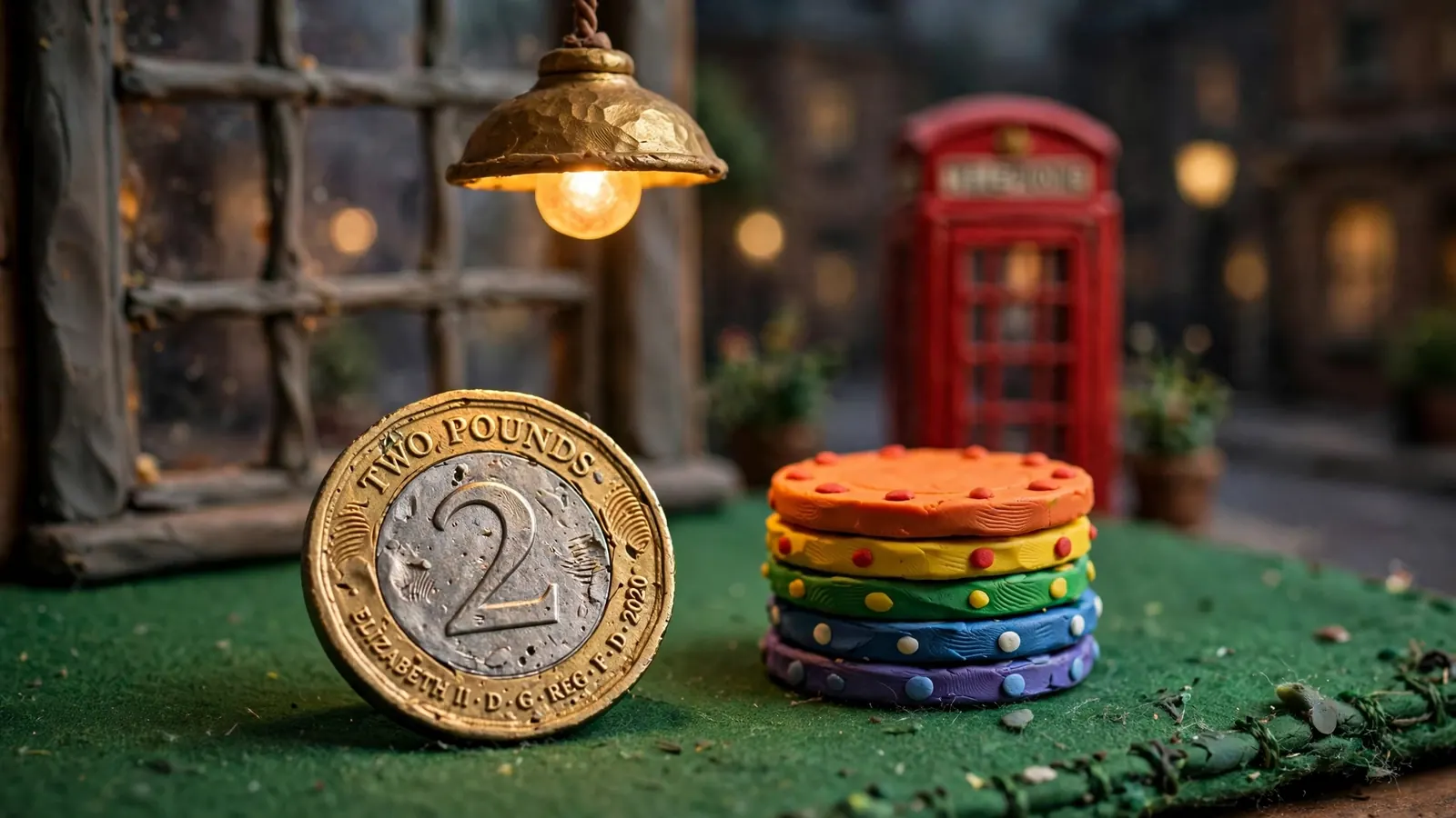 A £2 coin on a casino table with chips, UK setting