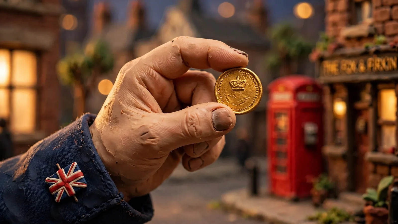 Hand holding a golden coin with London skyline behind