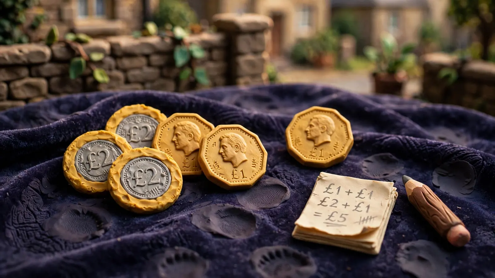 British pound coins on a dark felt table with a notepad