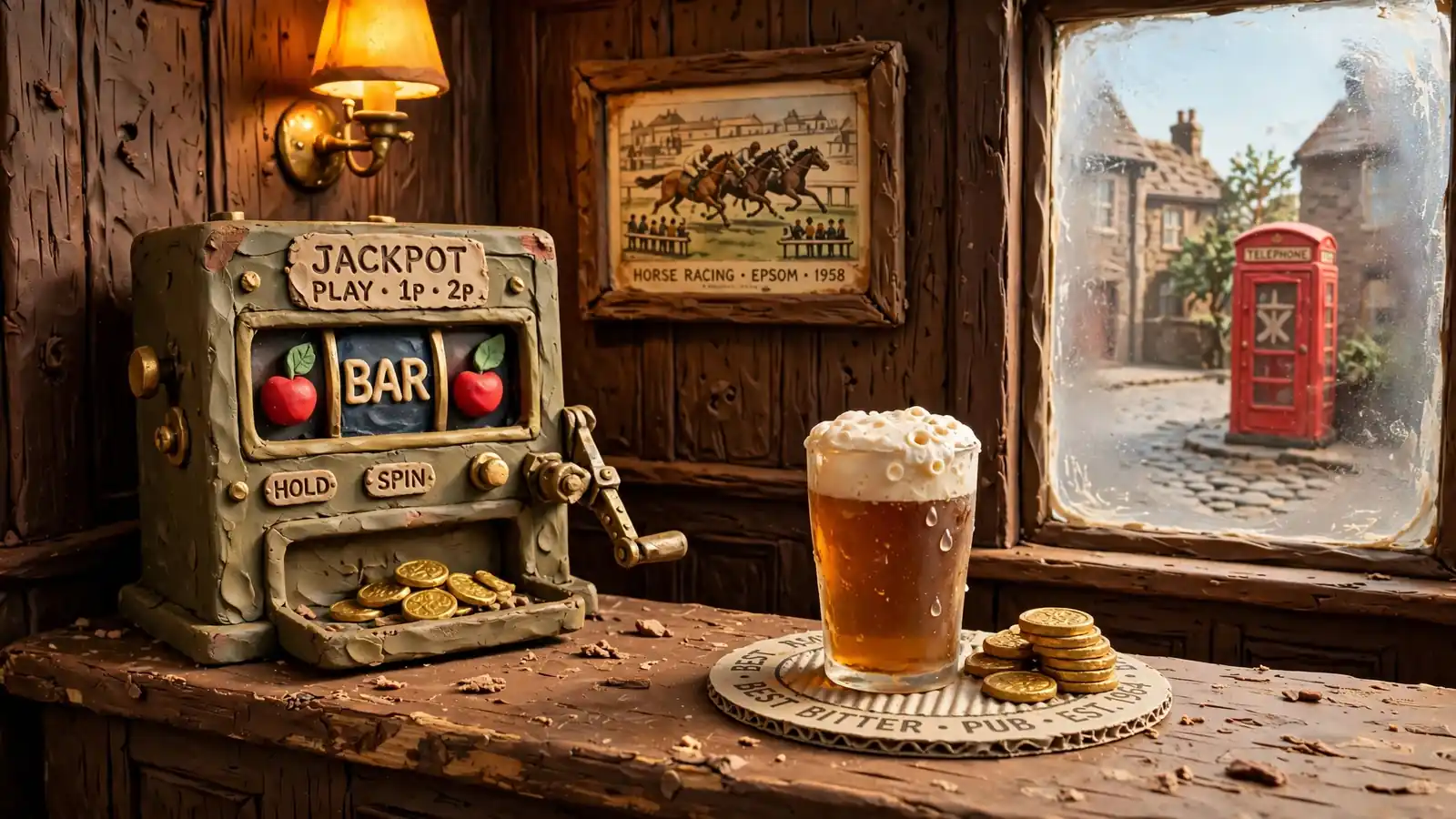 Classic British pub fruit machine on a wooden counter with a pint glass and coins.