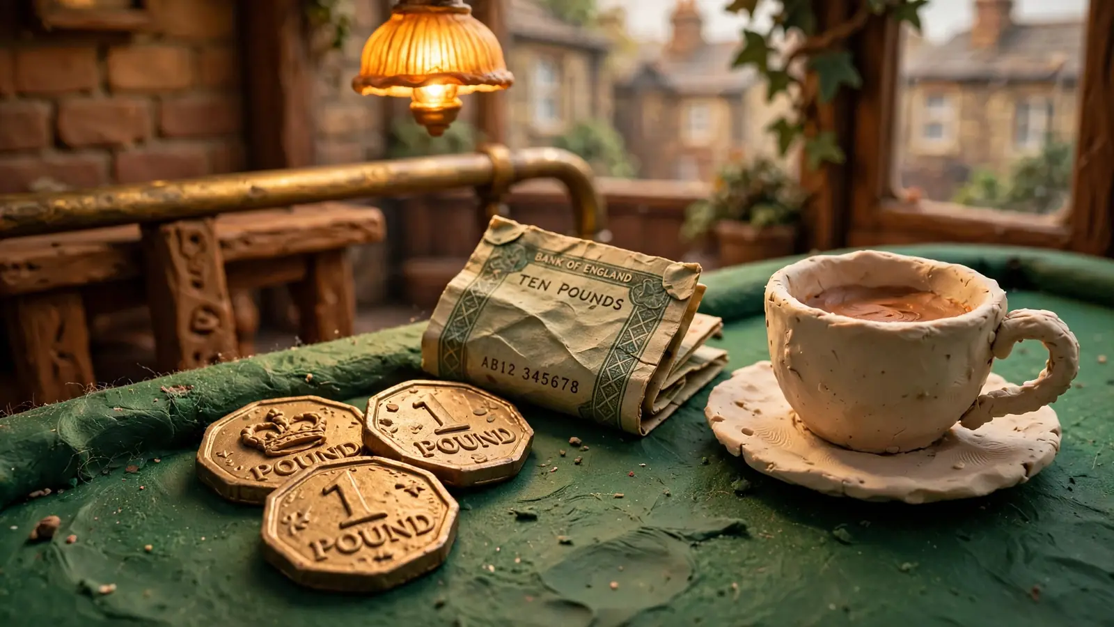 British pound coins and a note on a green felt gaming table edge
