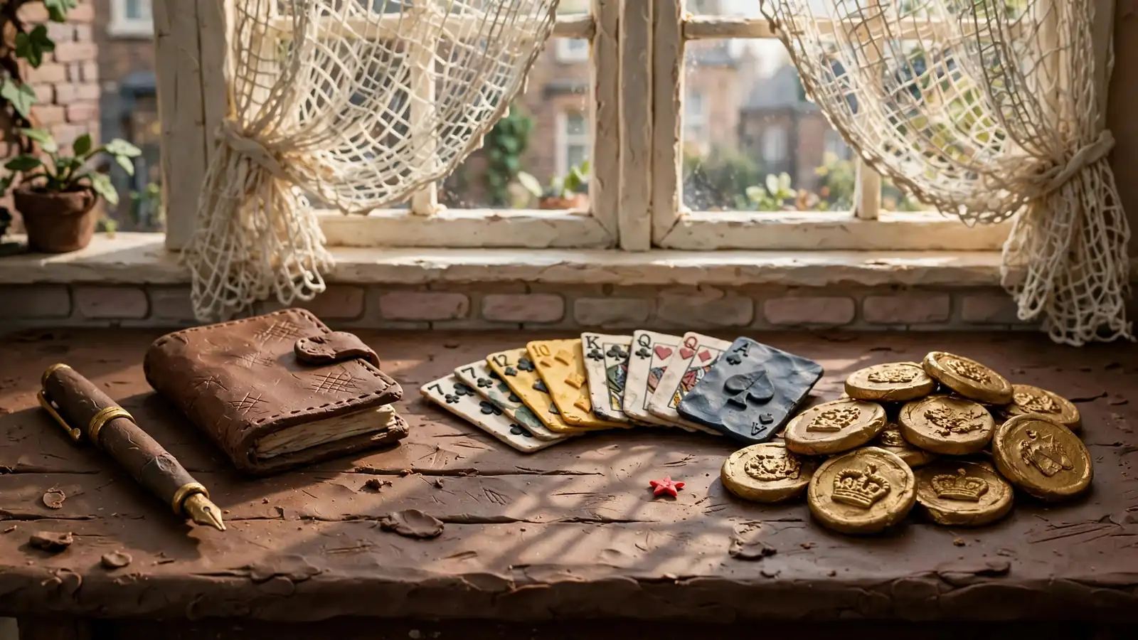 Gold coins, playing cards and a notebook on a British home desk in soft daylight.