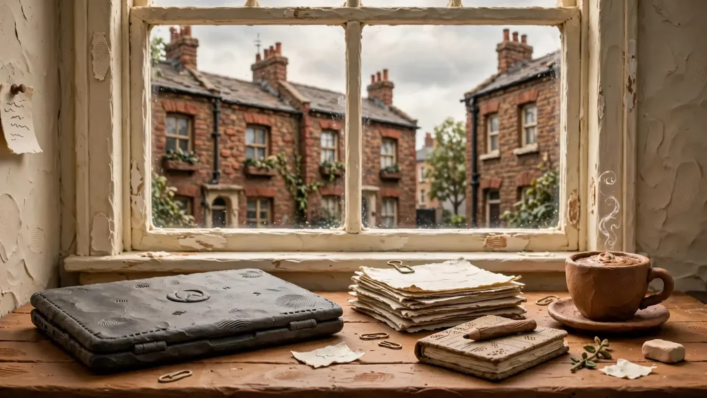 Editorial workspace with closed laptop and British townhouse view through a sash window