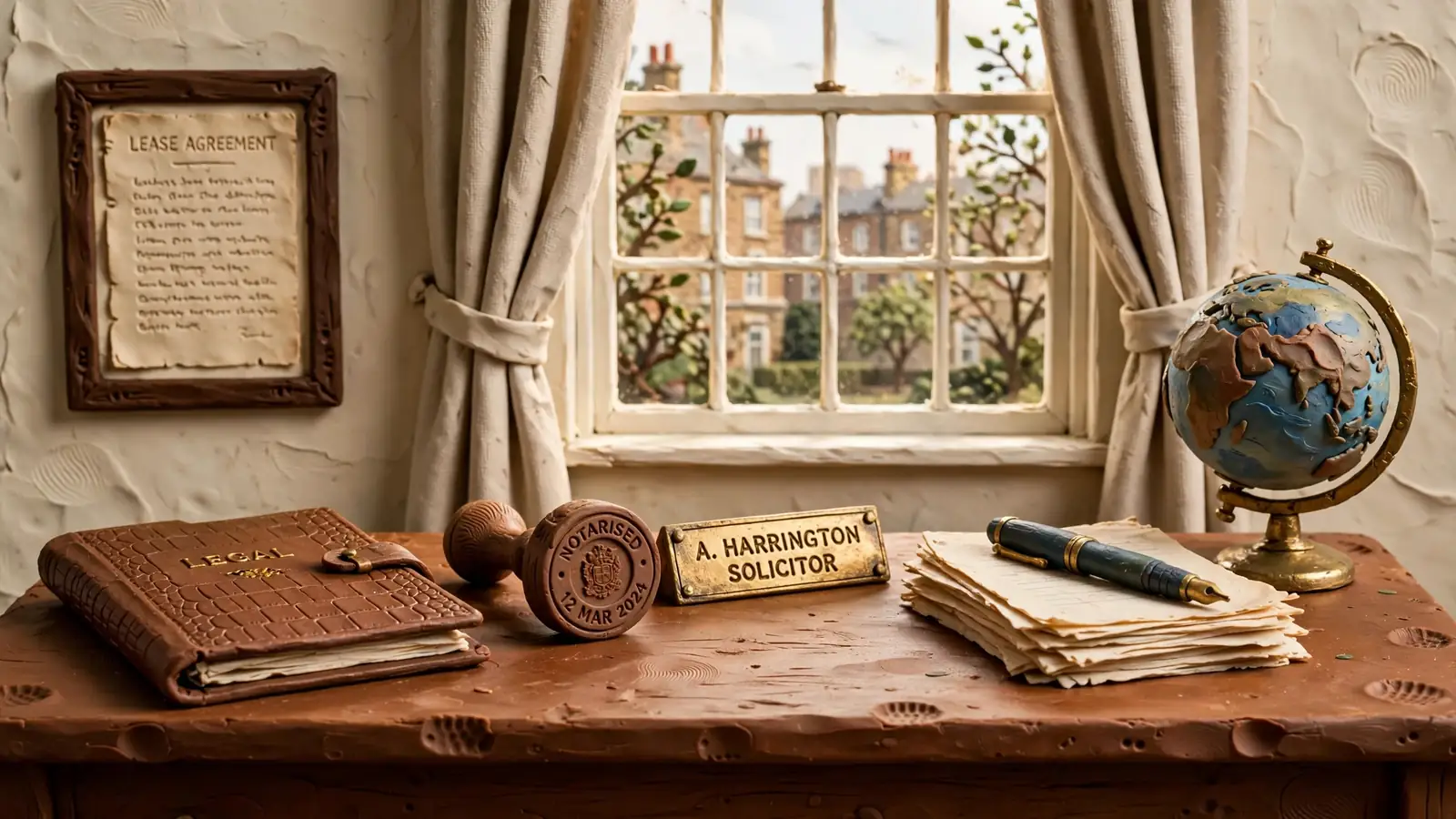 London office desk with legal documents, a stamp, a fountain pen, and a globe