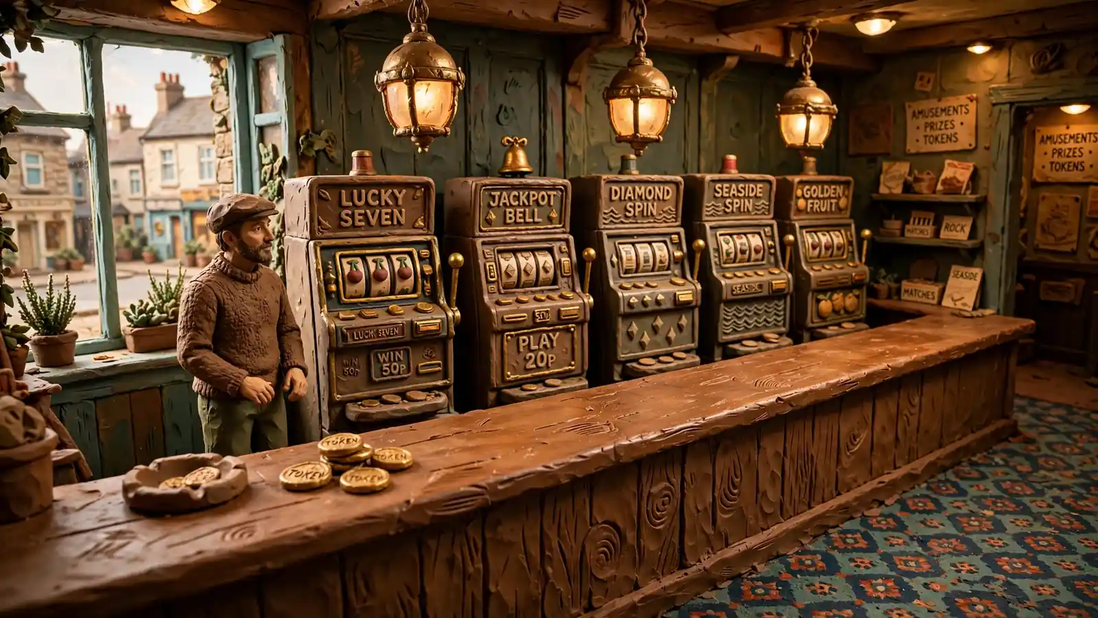 British seaside arcade interior with vintage slot machines and warm lighting.