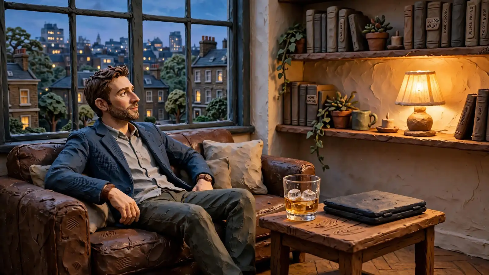 Man relaxing in a modern London apartment at dusk, whisky and closed laptop nearby, soft warm lamplight.