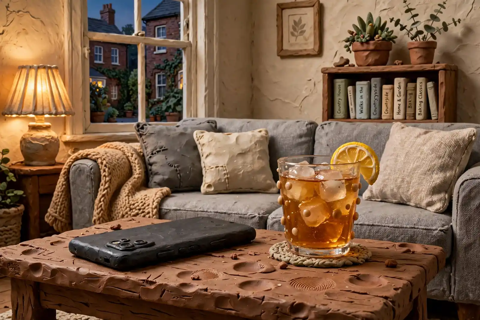 Android phone on coffee table in cozy modern British living room
