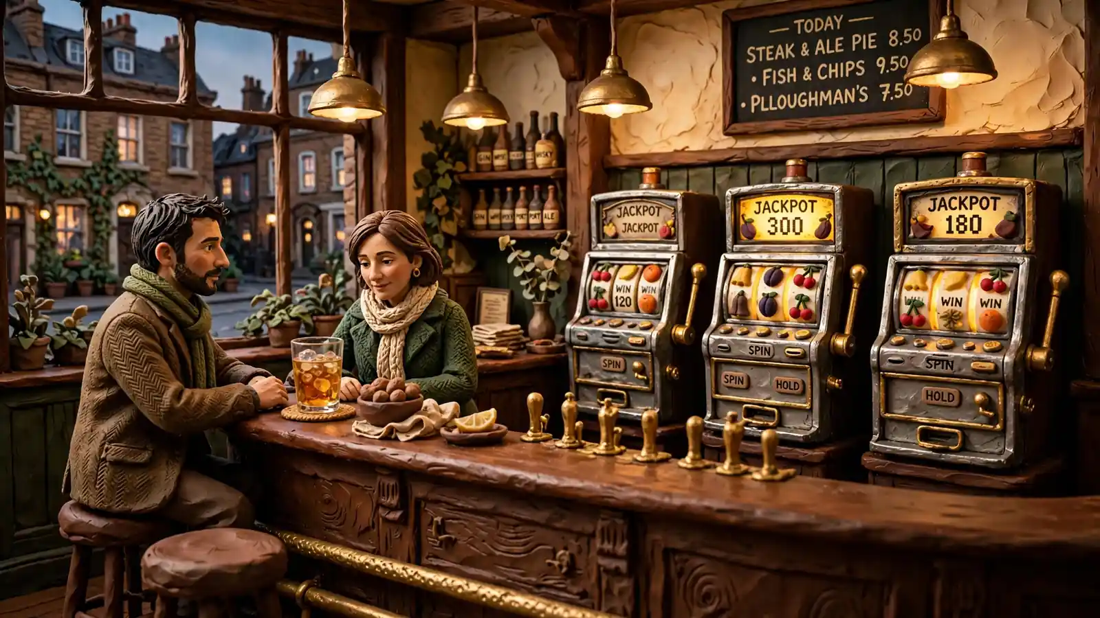 Traditional London pub interior with classic slot machines along the wall under warm pendant lighting.