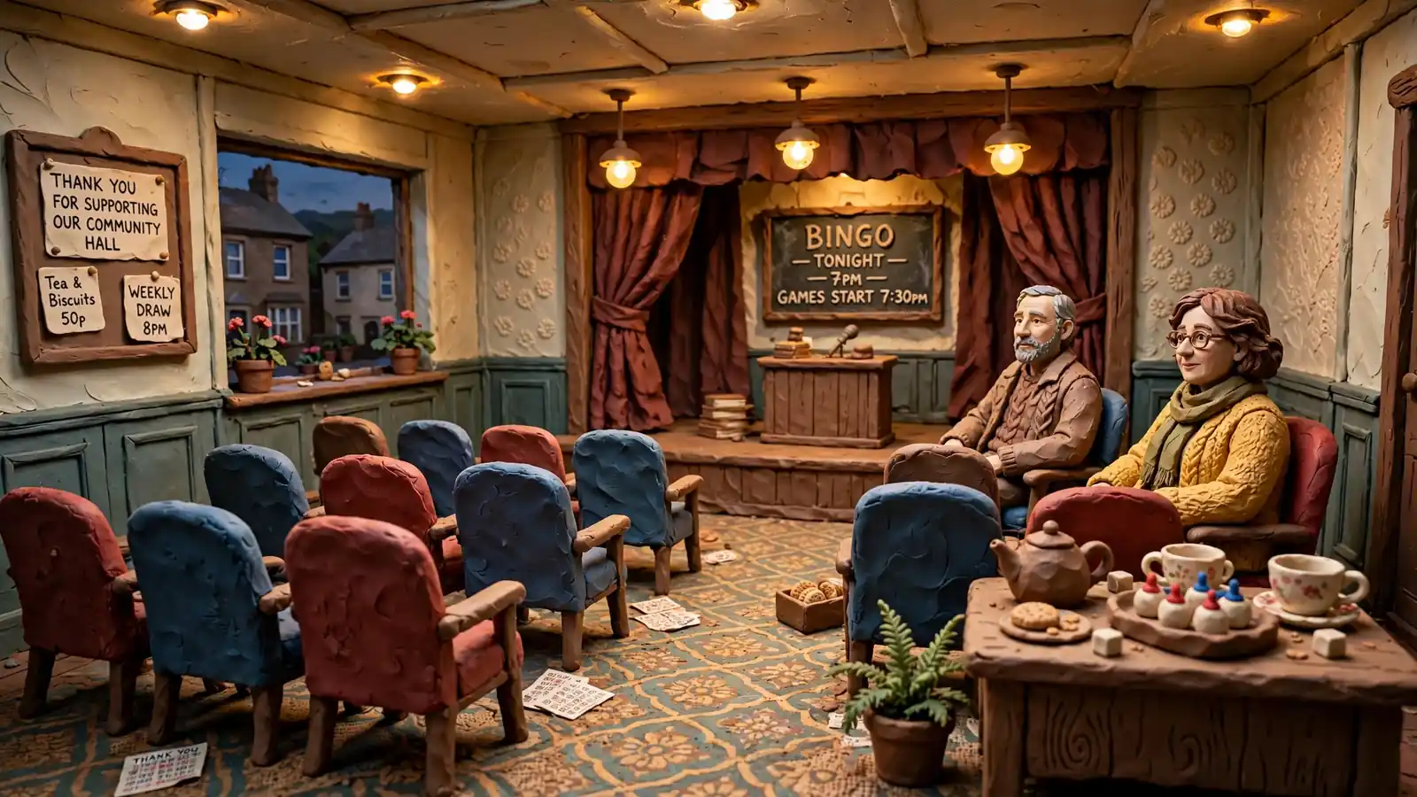 Cozy evening interior of a traditional British bingo hall with empty chairs and daubers on a side table