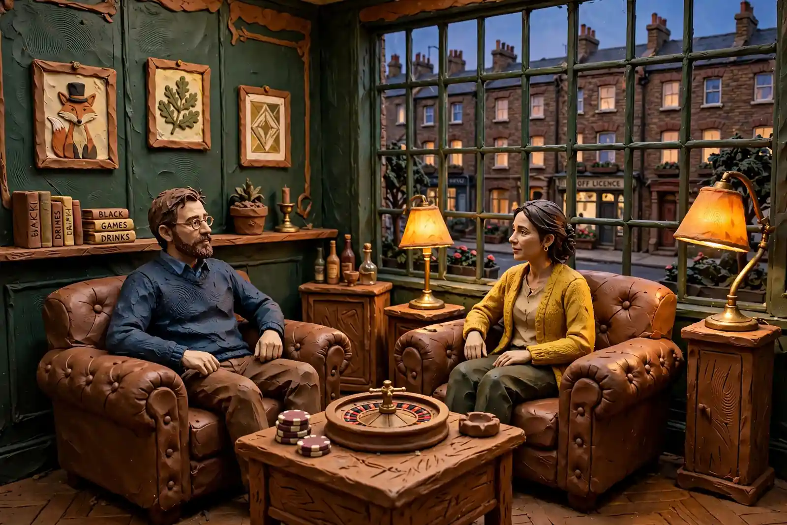 Modern British gaming lounge interior with roulette table and warm lighting