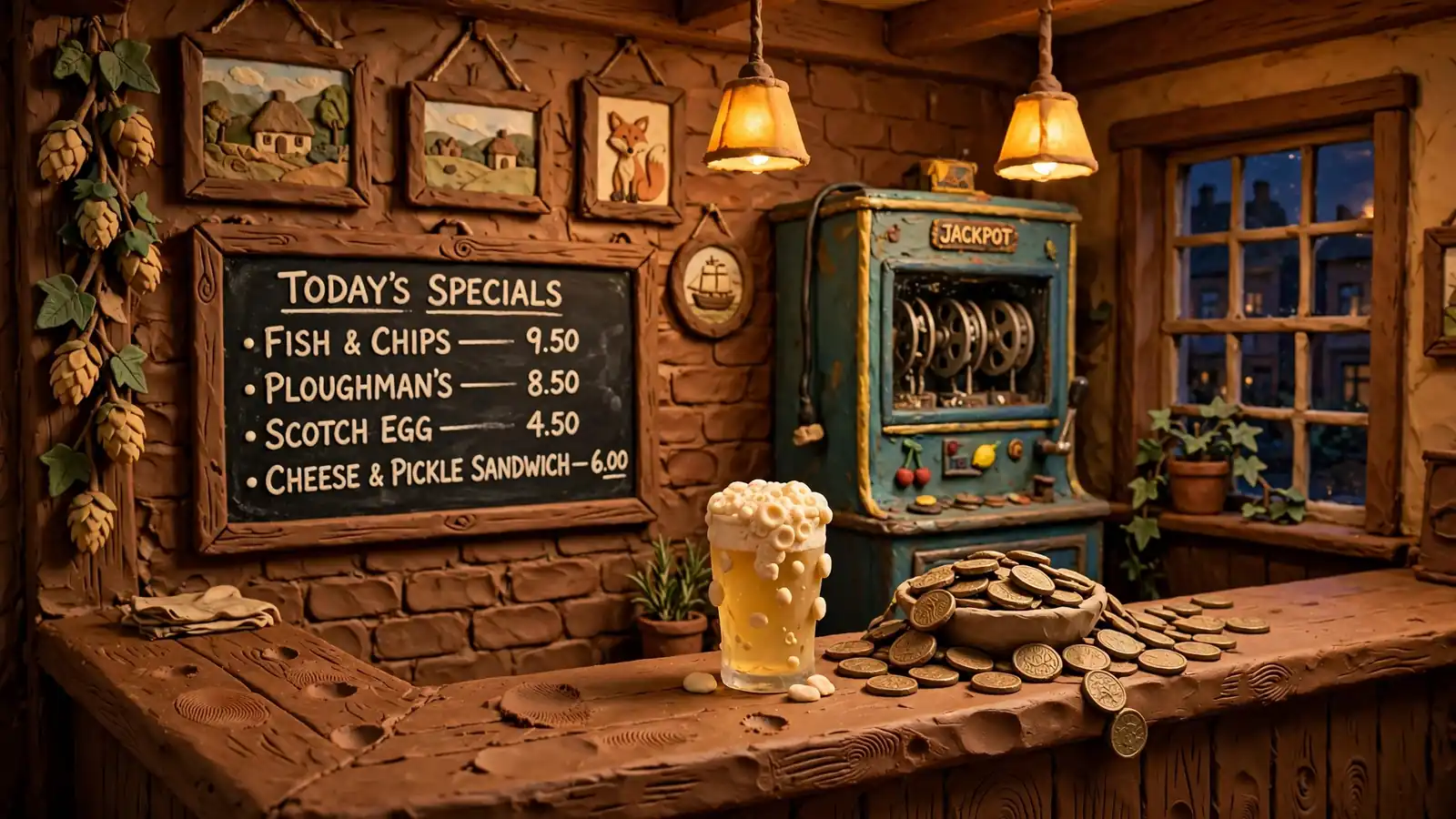 Warm-lit British pub interior with ale glass and idle slot machine