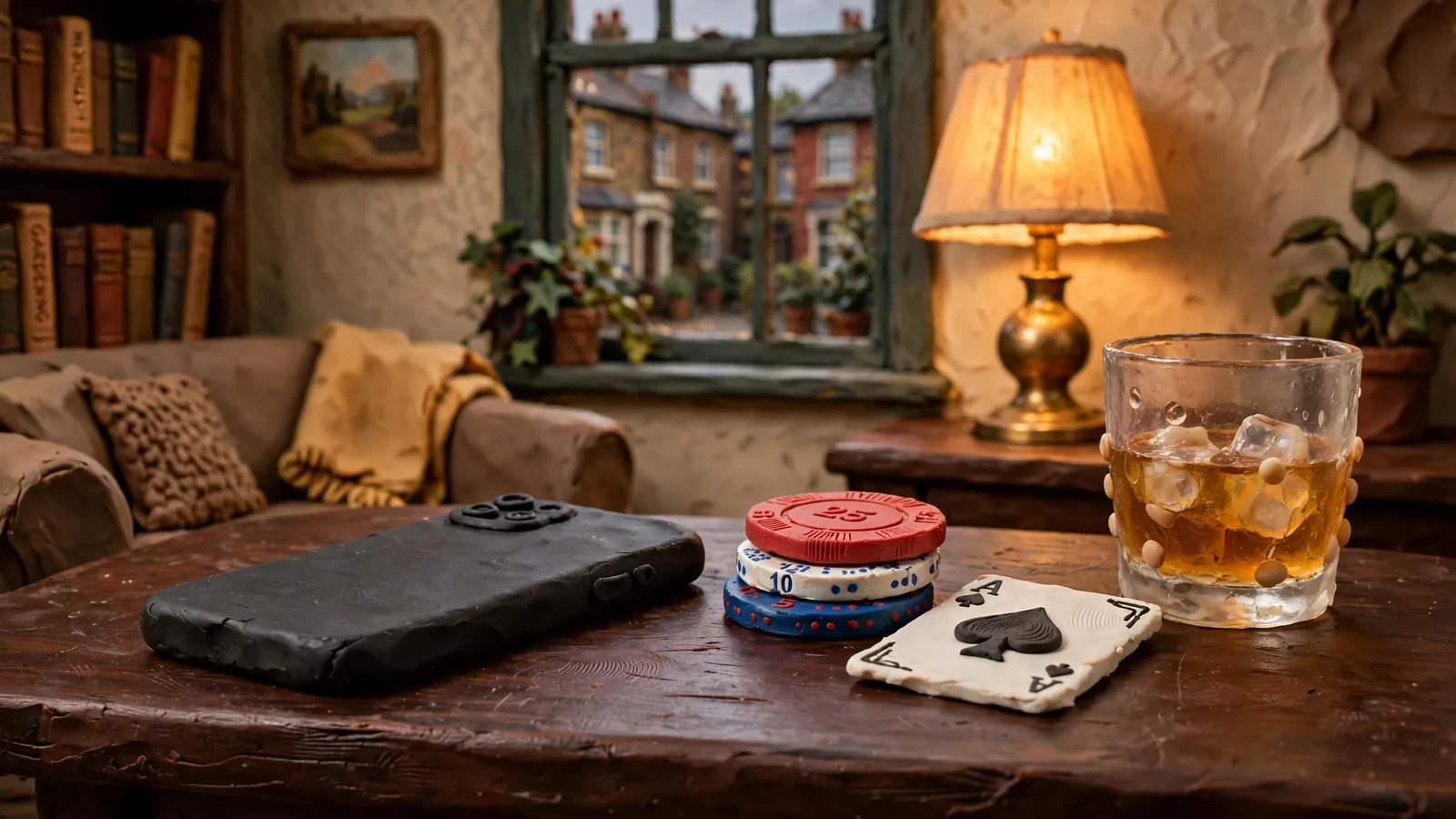 Face-down smartphone on a wooden table with casino chips, a playing card and a whisky glass