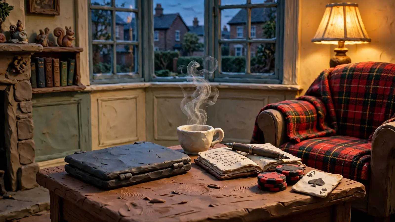 Laptop, teacup, notebook, and casino chips on a wooden side table