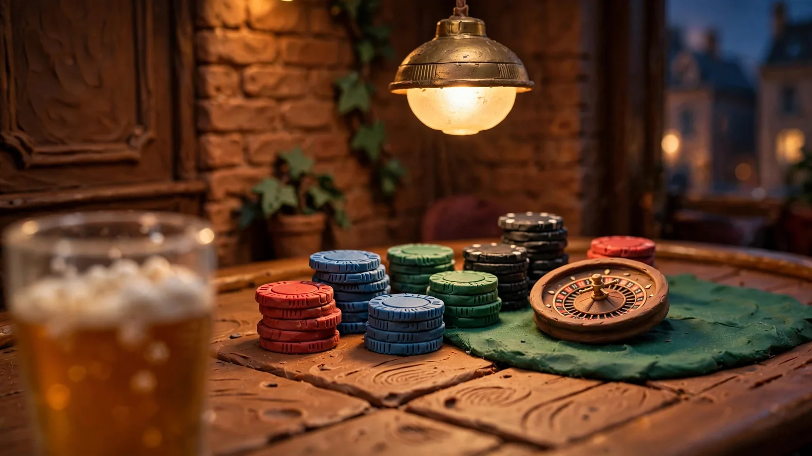 Casino chips and roulette wheel on green felt table