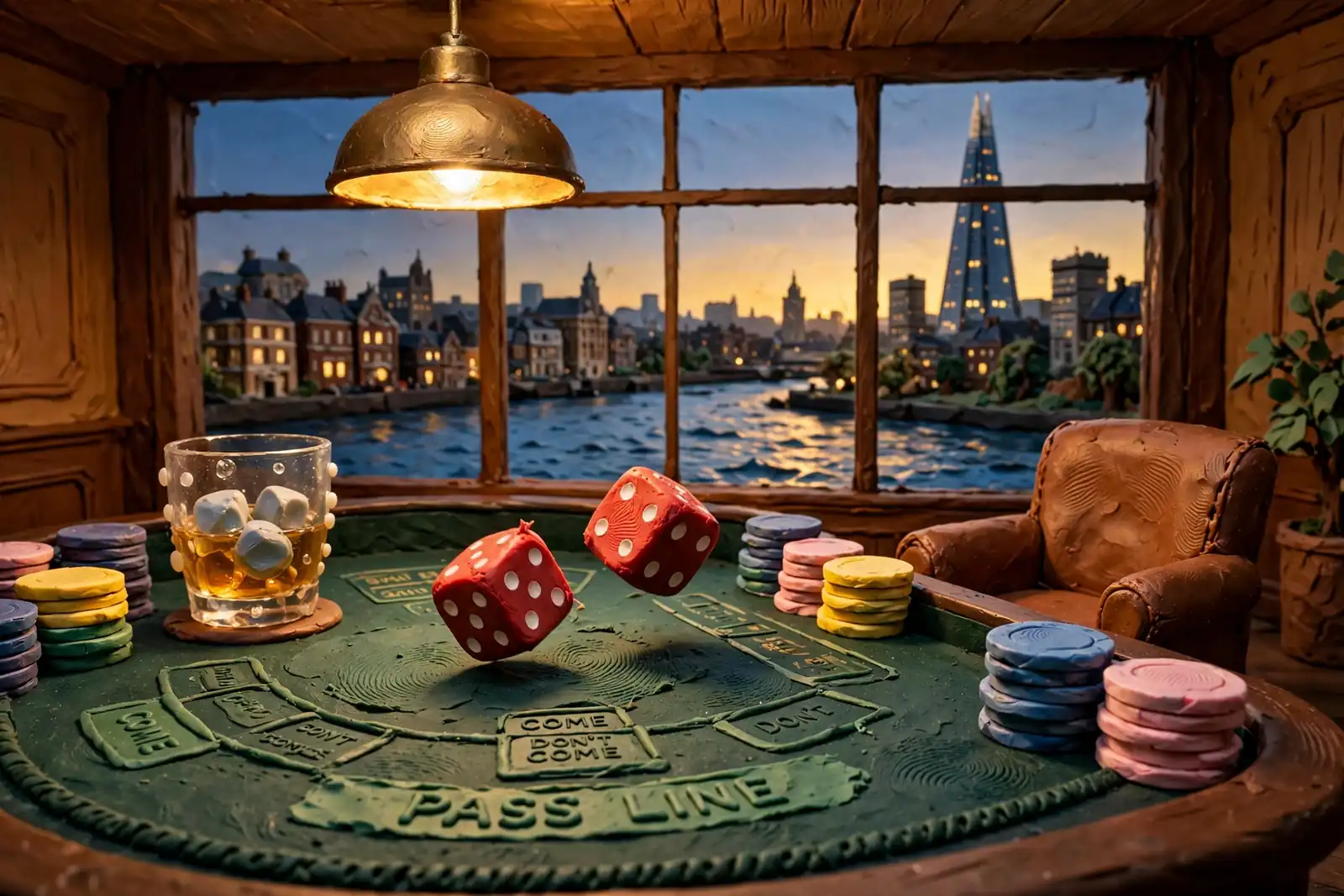 Red dice rolling on a green craps table with chips and London skyline