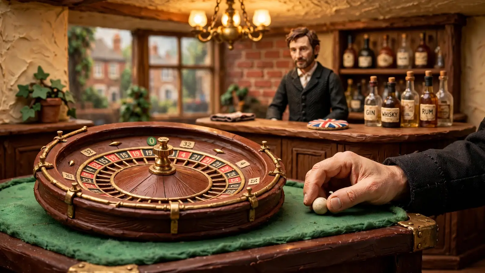 Roulette wheel on a green casino table in a British gambling lounge.