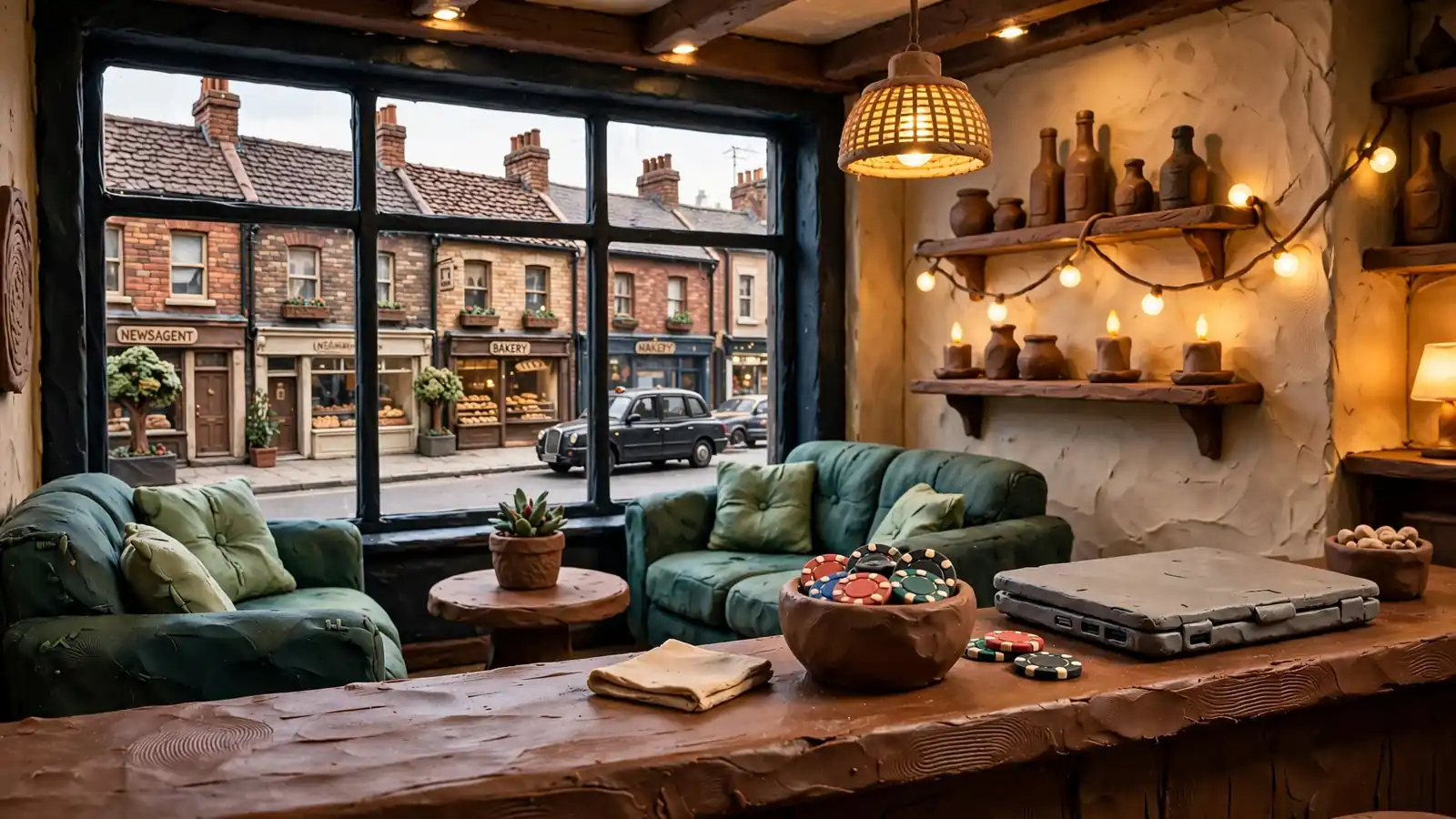 Stylish UK online casino lounge interior with chips and closed laptop