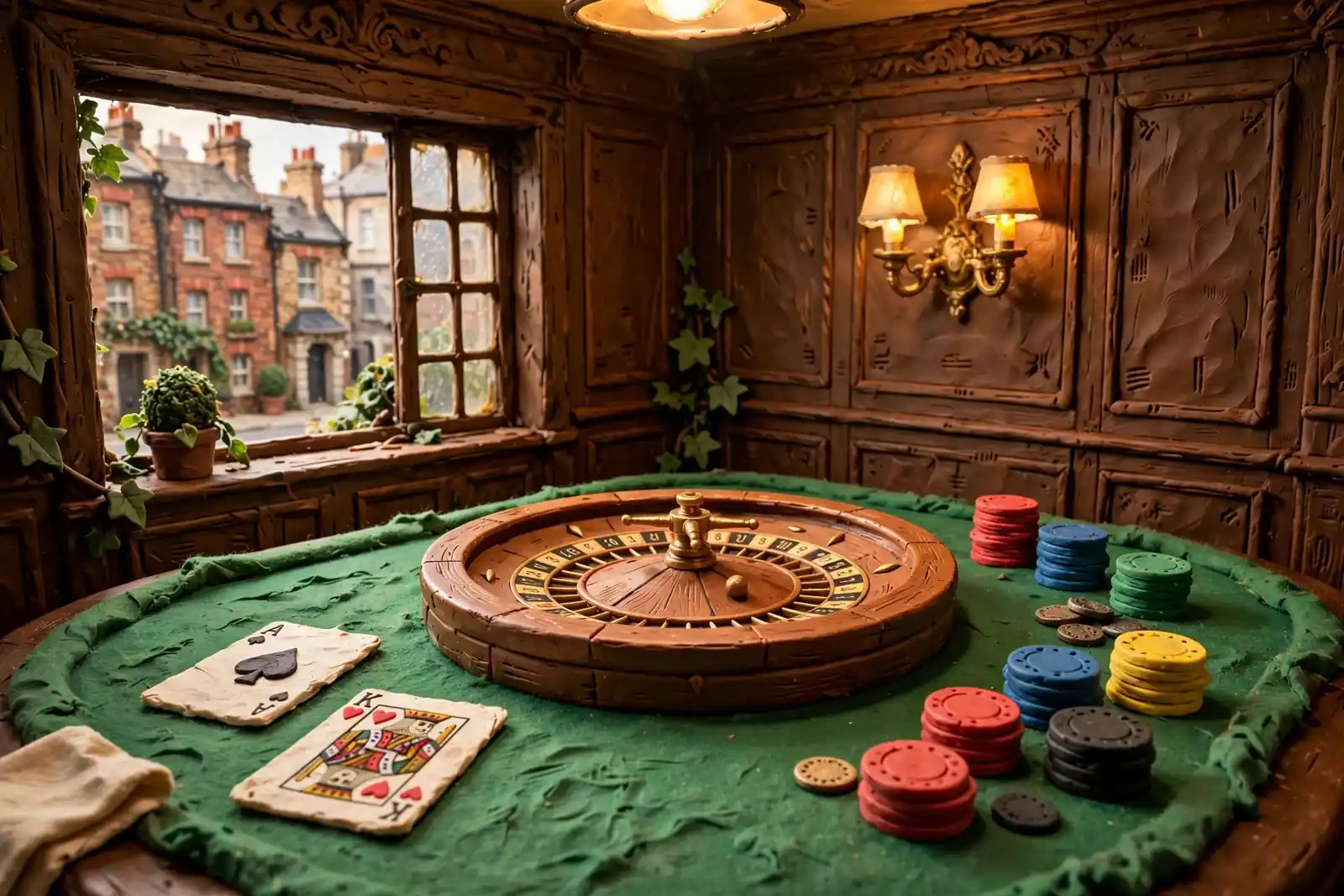 Elegant casino gaming table with roulette wheel, chips, and cards in a British interior setting