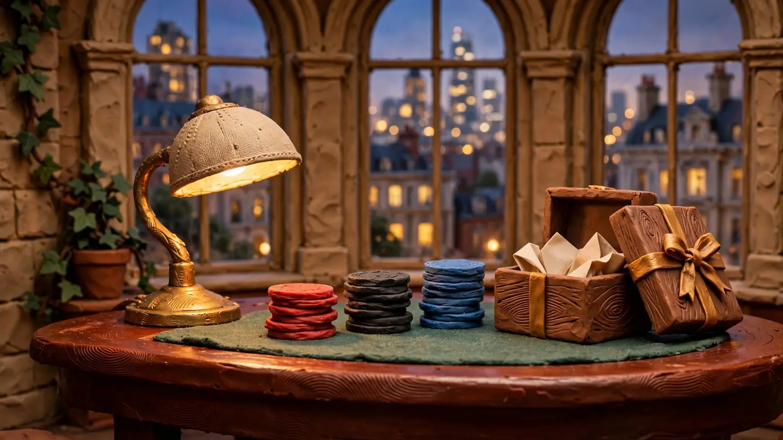 Casino chips and a gift box on a polished table, London skyline through arched windows.