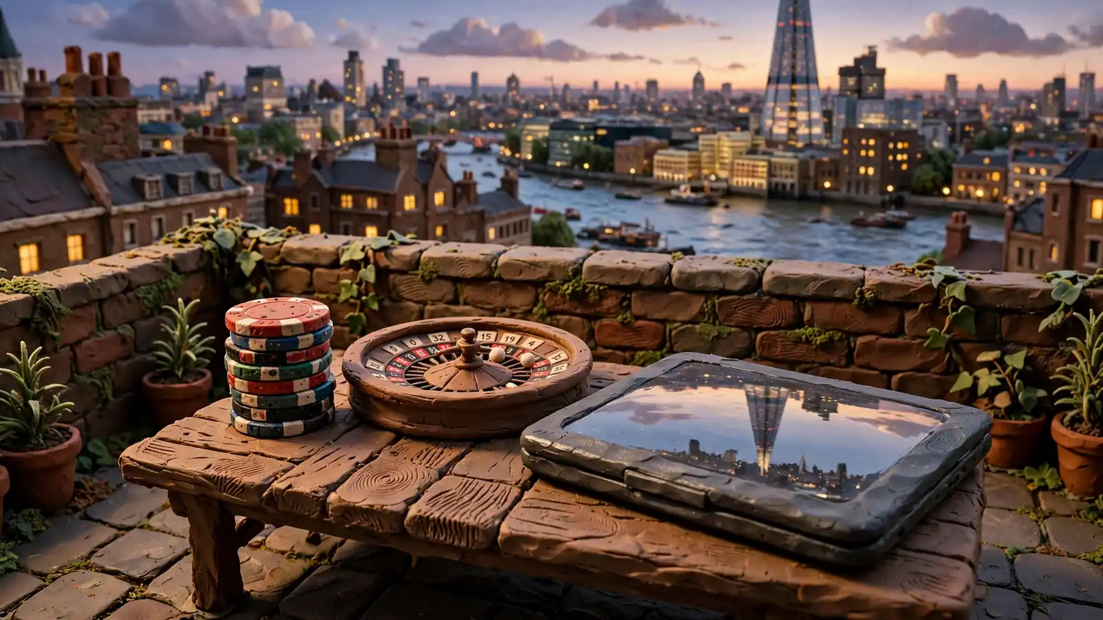 Rooftop view over London with casino chips and a roulette wheel on a table.