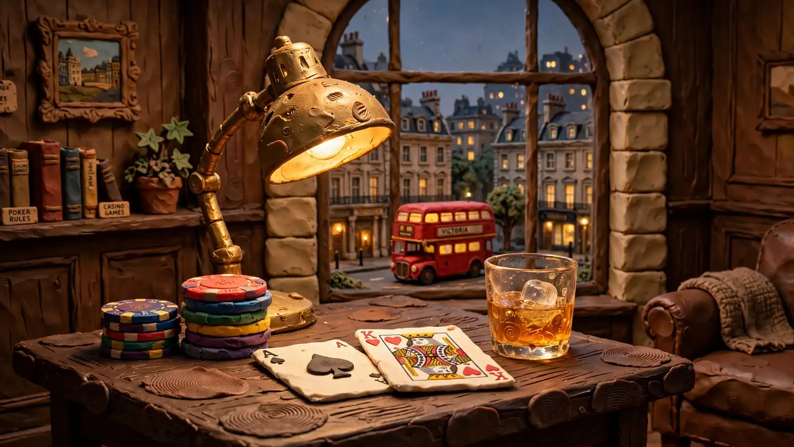 British gaming lounge with casino chips, playing cards, whiskey, and London skyline through arched window