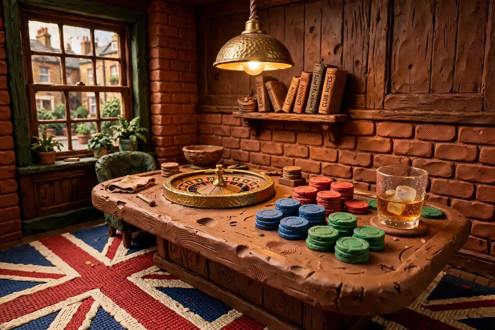 Elegant British casino lounge with roulette wheel and chips on a wooden table.