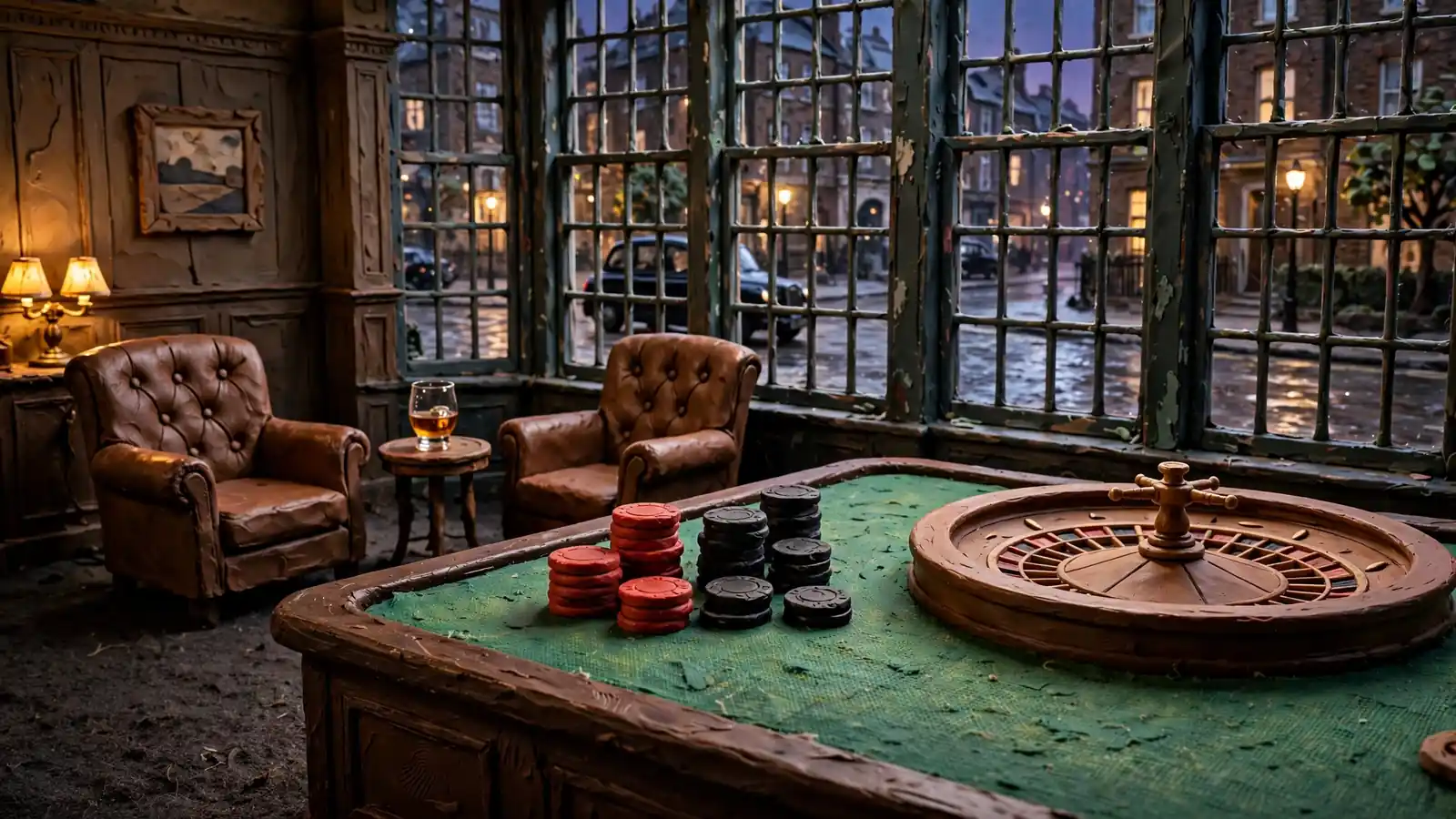 British casino lounge with roulette table, chips, and London evening view through the window
