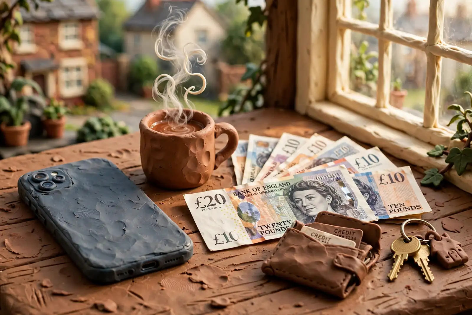 Smartphone on a table with British pound notes and a cup of tea.