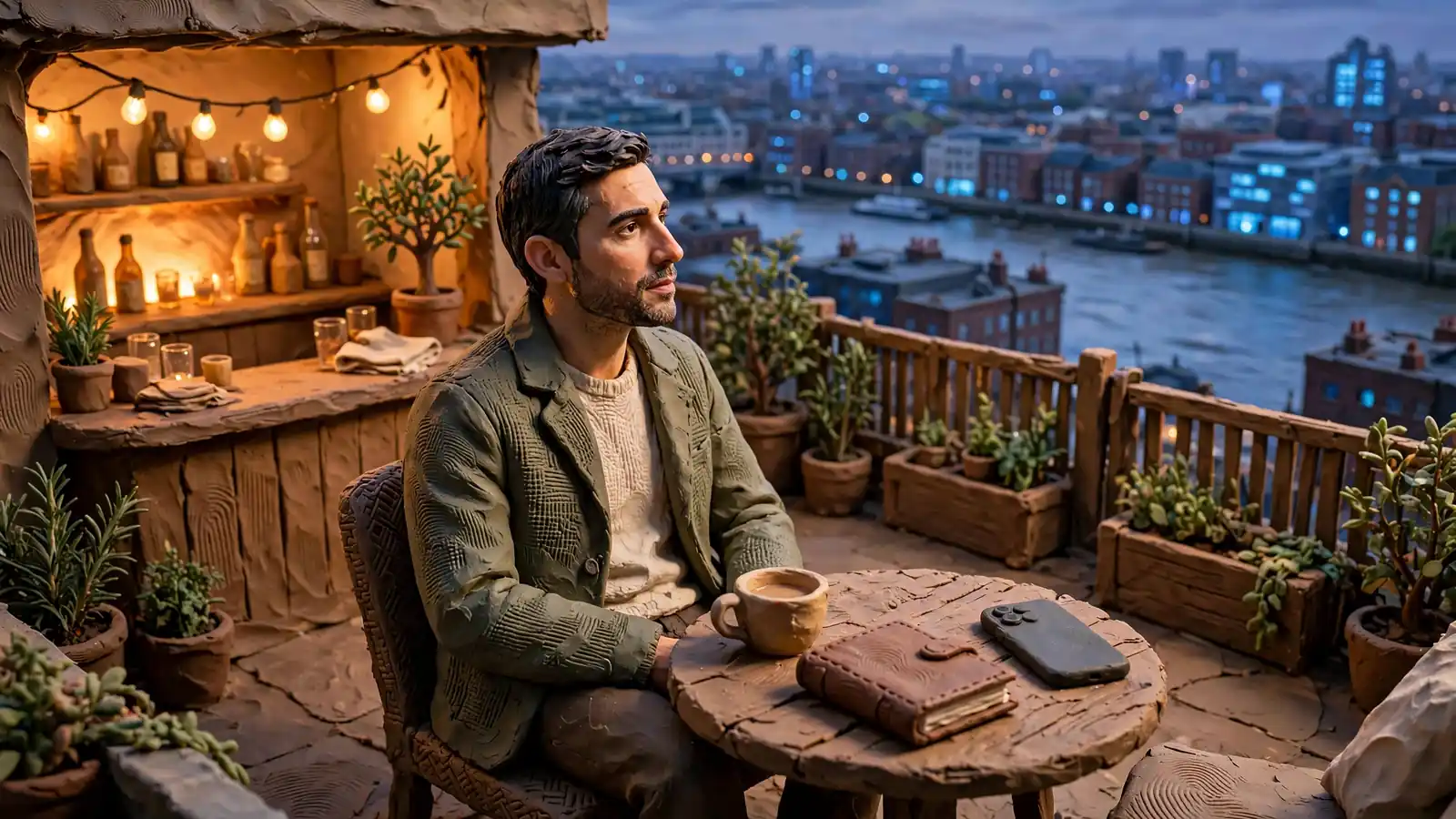Man at London rooftop lounge at dusk, smartphone face-down, contemplating options.