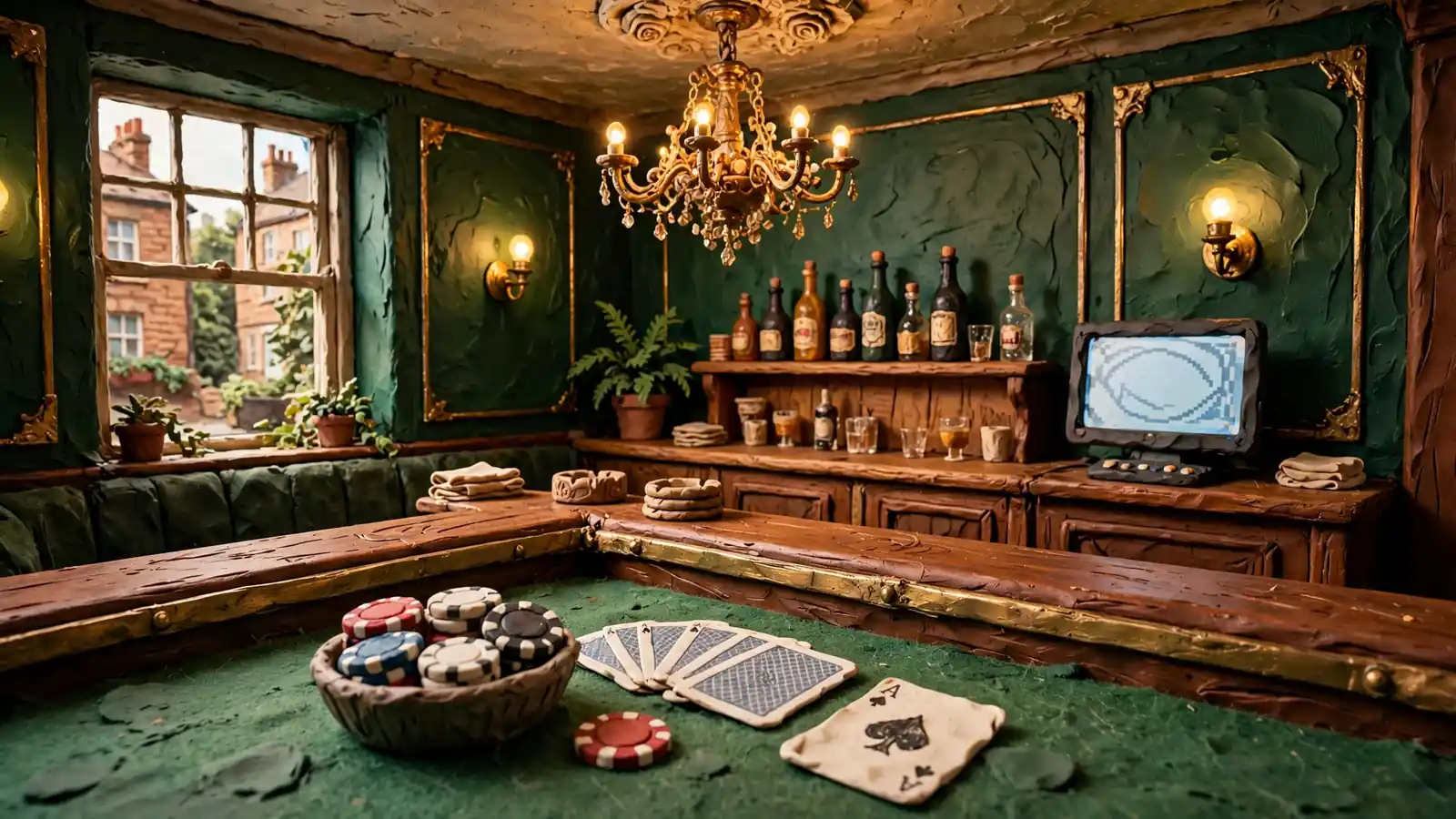 UK casino lounge interior with chips and cards on a green felt table.