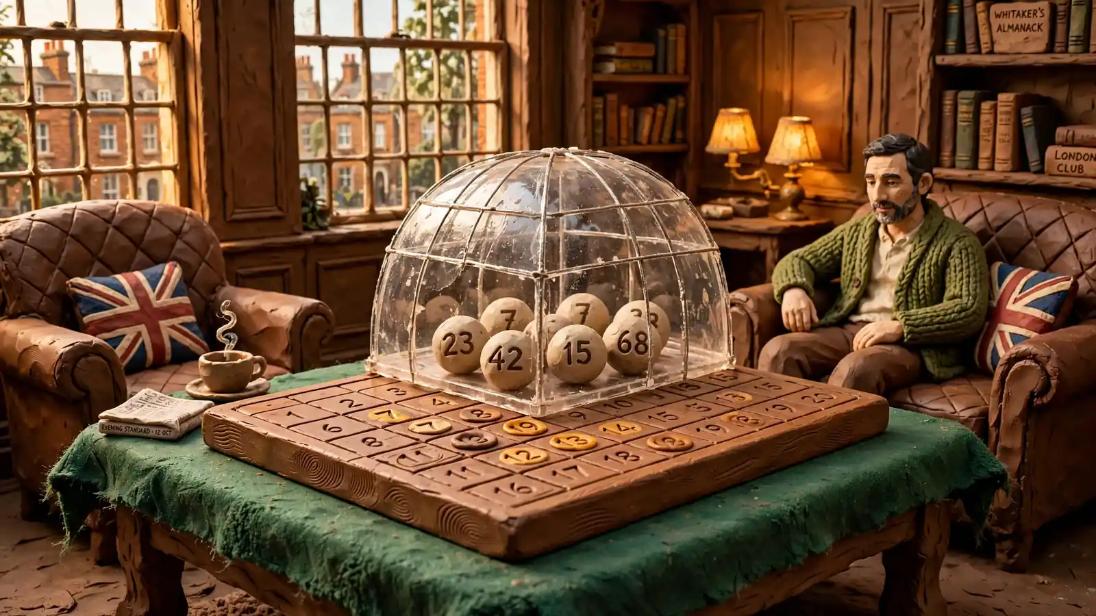 Keno board with numbered balls on green table in a British club lounge.