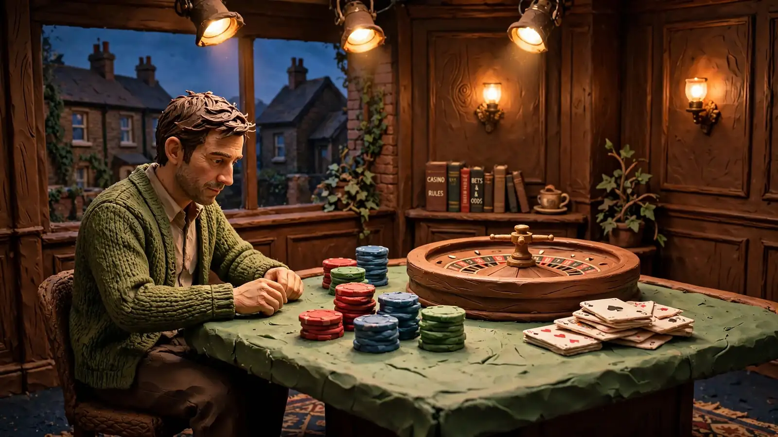 UK live casino studio with felt table, roulette wheel, chips, and cards under warm lights