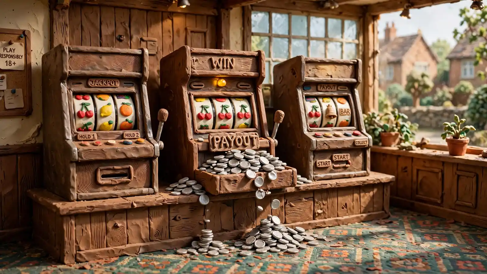 UK arcade with fruit slot machines overflowing with small coin payouts