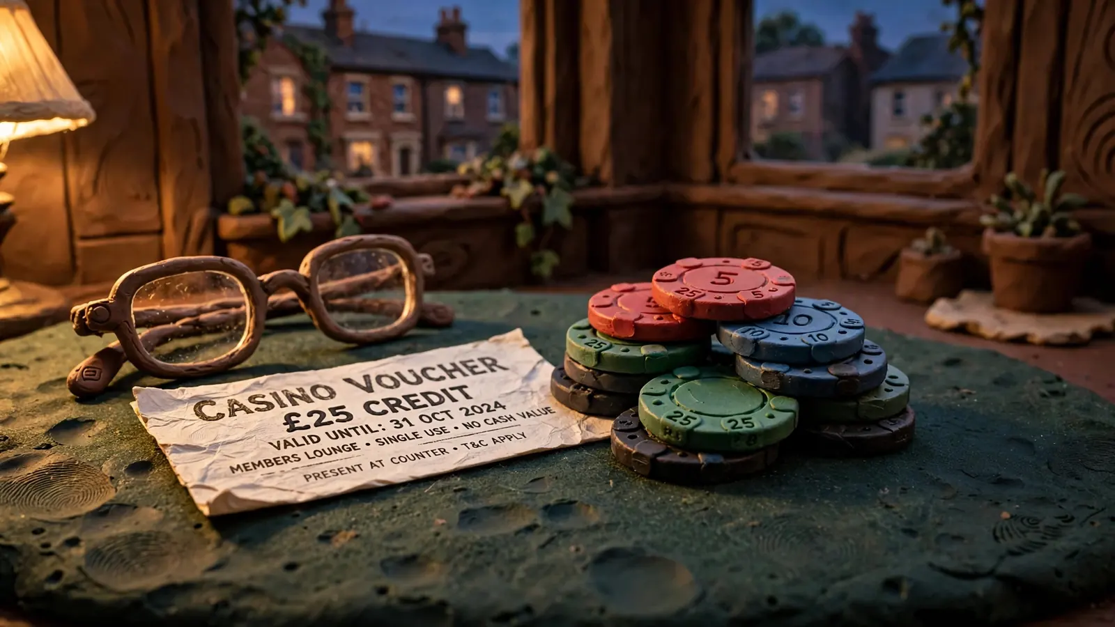 Casino chips, a voucher, and reading glasses on a felt surface.