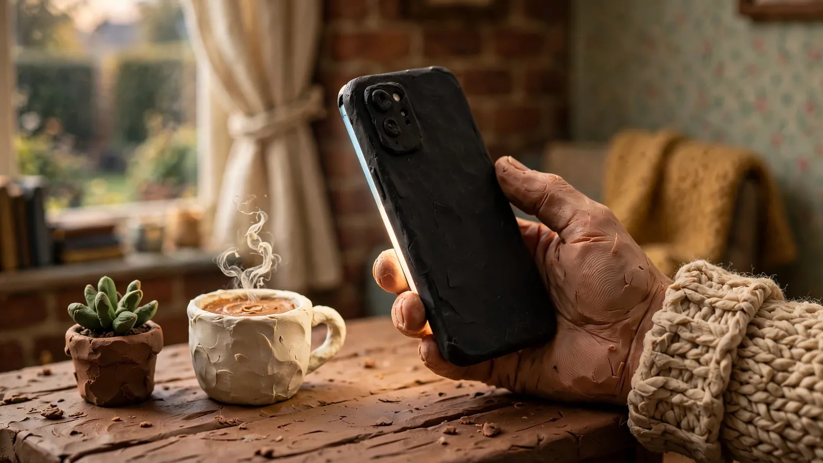 Hand holding a smartphone on a table in a British living room.