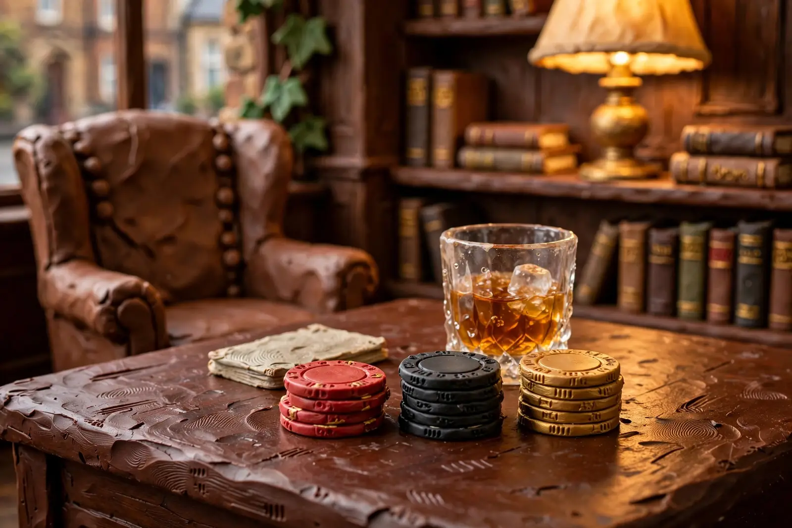 Stacks of casino chips, a face-down card, and a whisky tumbler on dark mahogany in an upscale British interior.