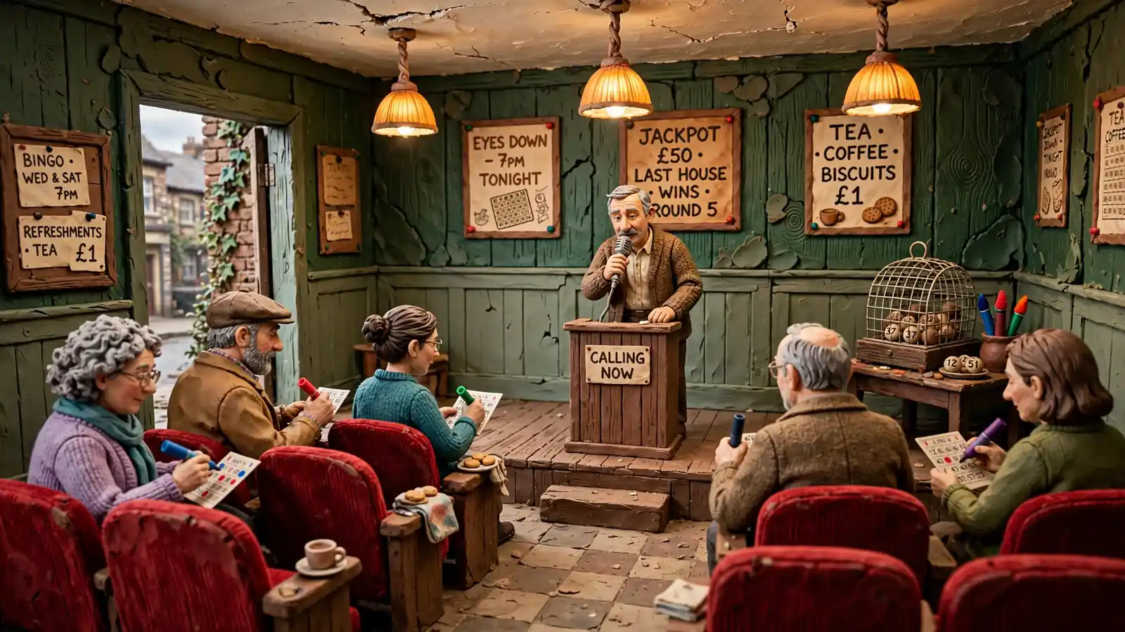 Interior of a traditional British bingo hall during a game session.