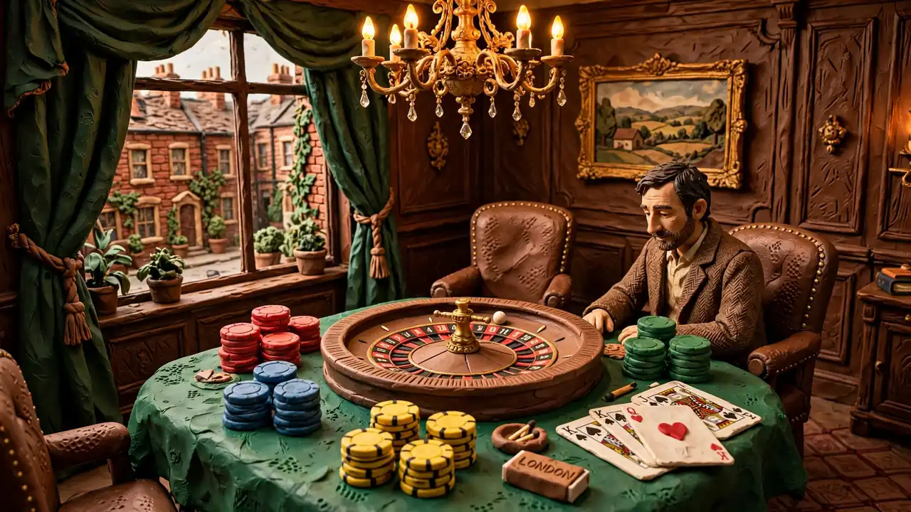 Elegant British casino lounge with roulette wheel, chips, and cards under warm chandelier light.