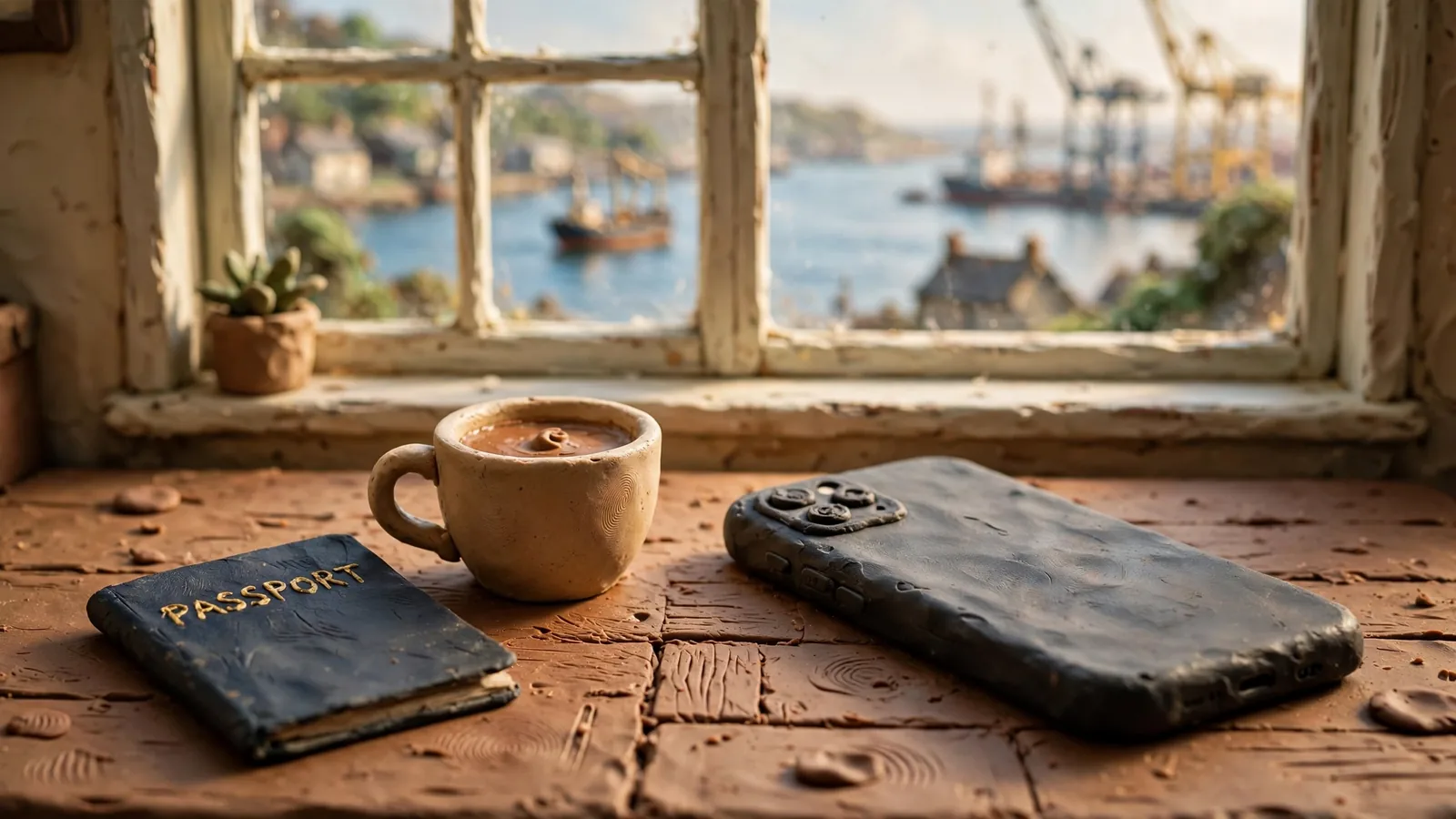 Smartphone, passport and coffee on a table by a window overlooking a port with a ship and British coastline.