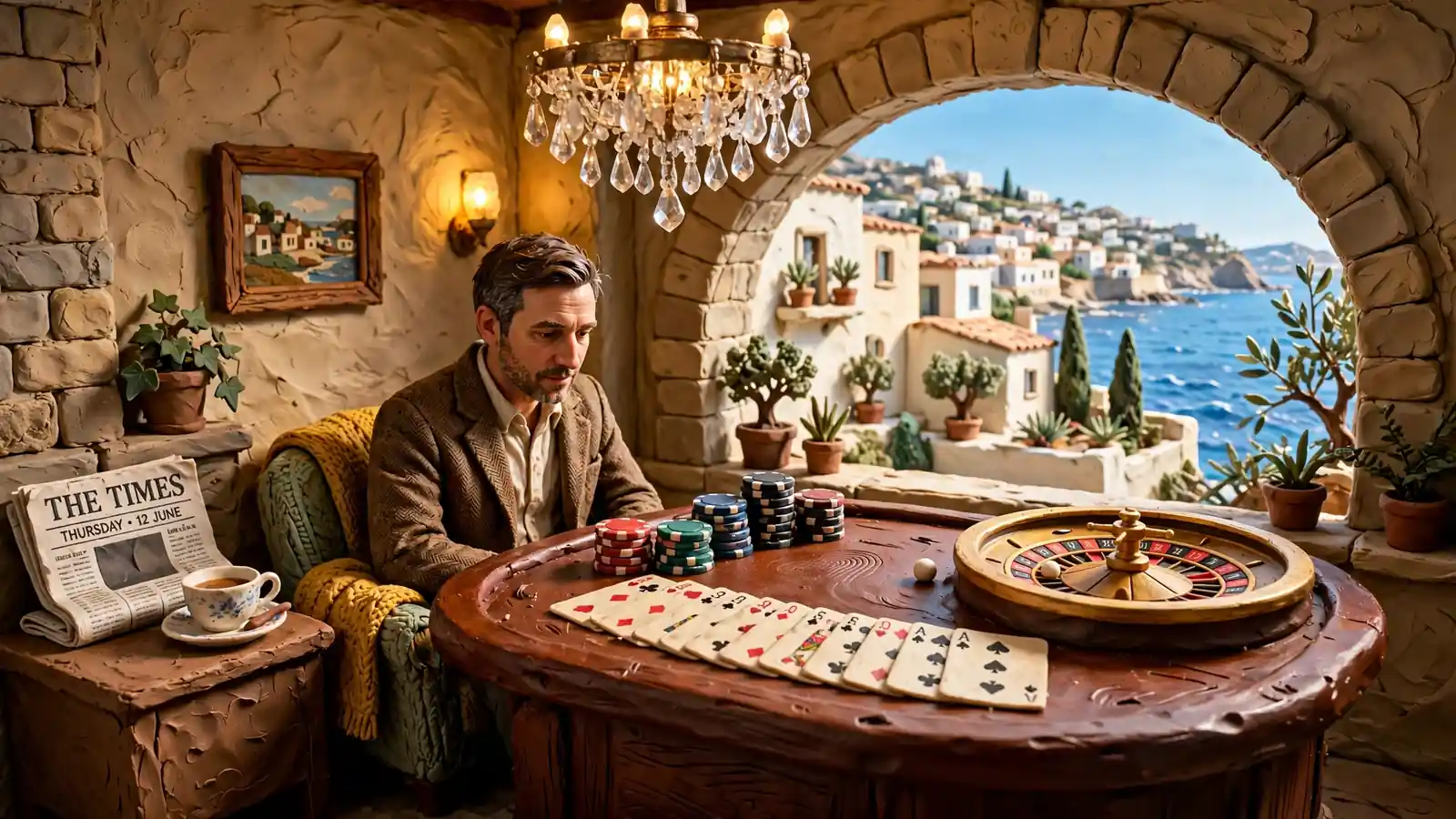 Casino chips, cards and roulette wheel on table with a Mediterranean view through a window.